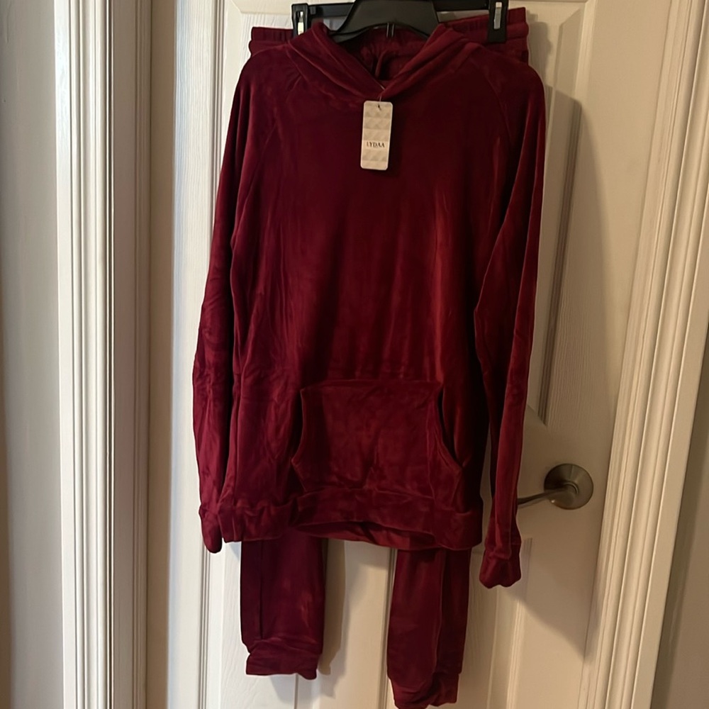 NWT Lydaa burgundy velour jogger set. Pullover hoodie and pants. Size XL.